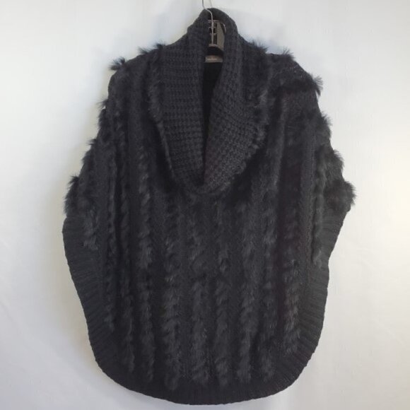 Neiman Marcus Cowl-Neck Fur-Stripe Pullover Poncho Sweater, Black - Picture 1 of 3